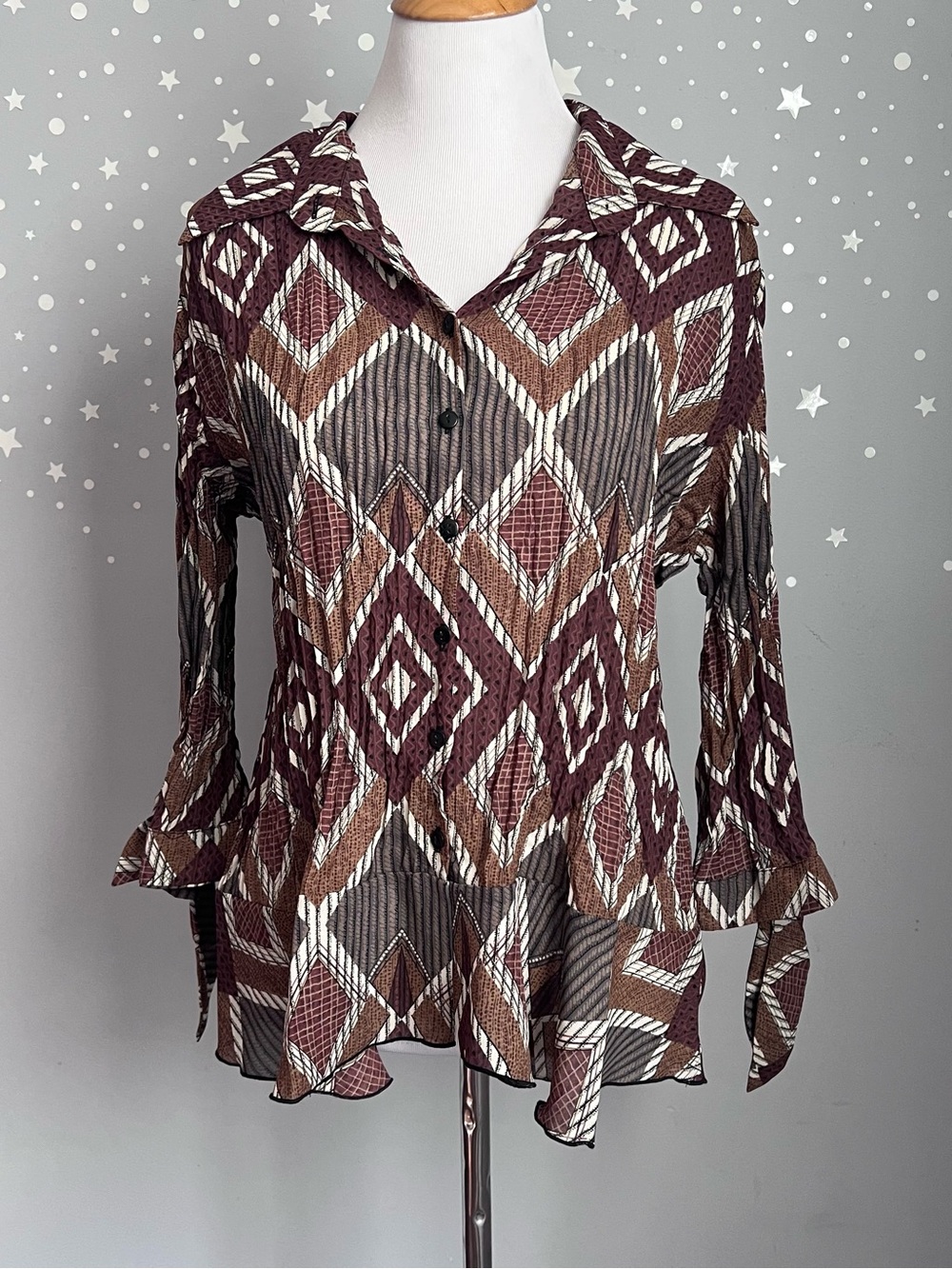 Peach Velvet Brown Geometric Crinkle Blouse Tie Cuff Boho XL